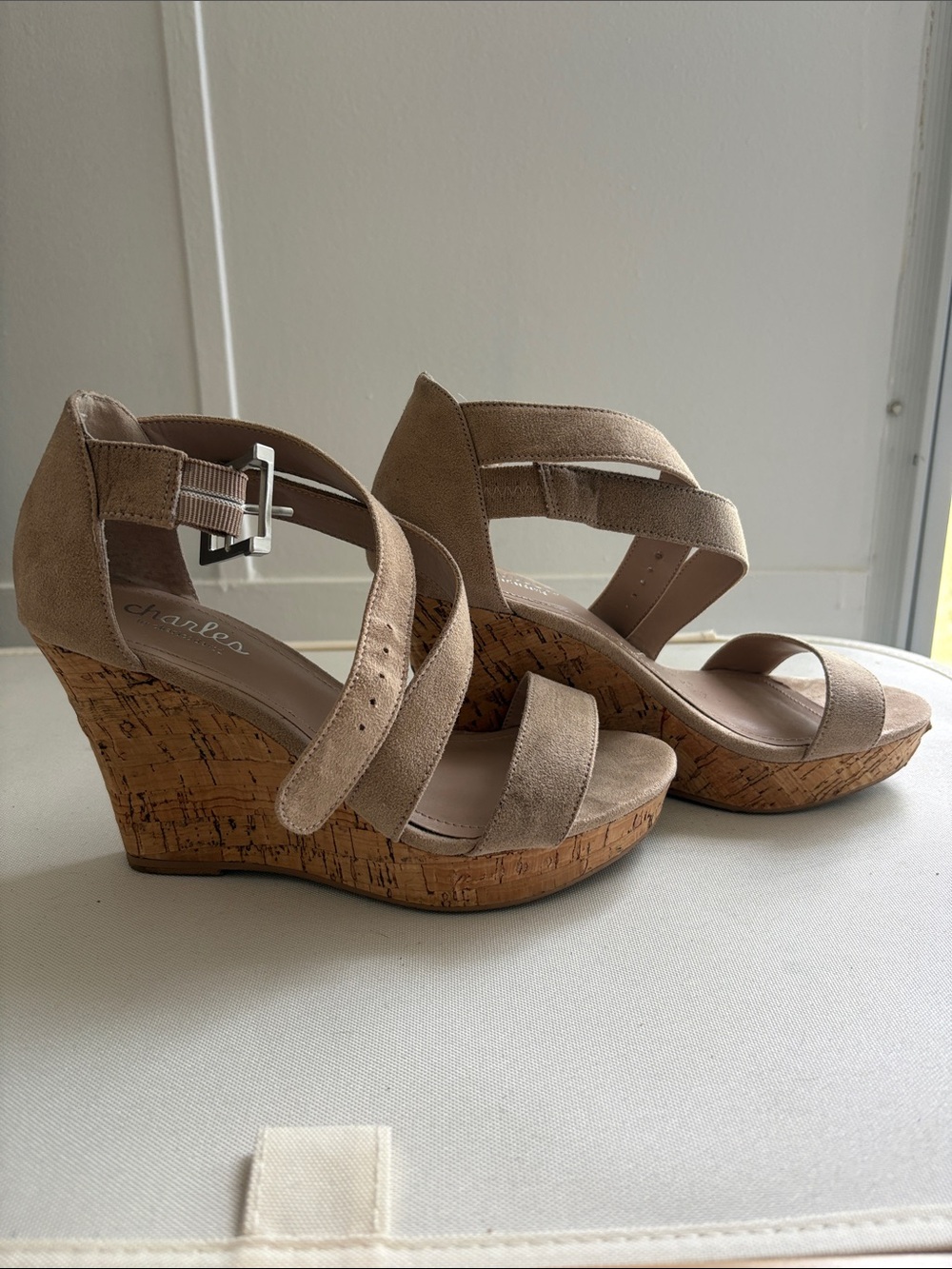 Charlies Taupe Suede Cork Wedge Sandals